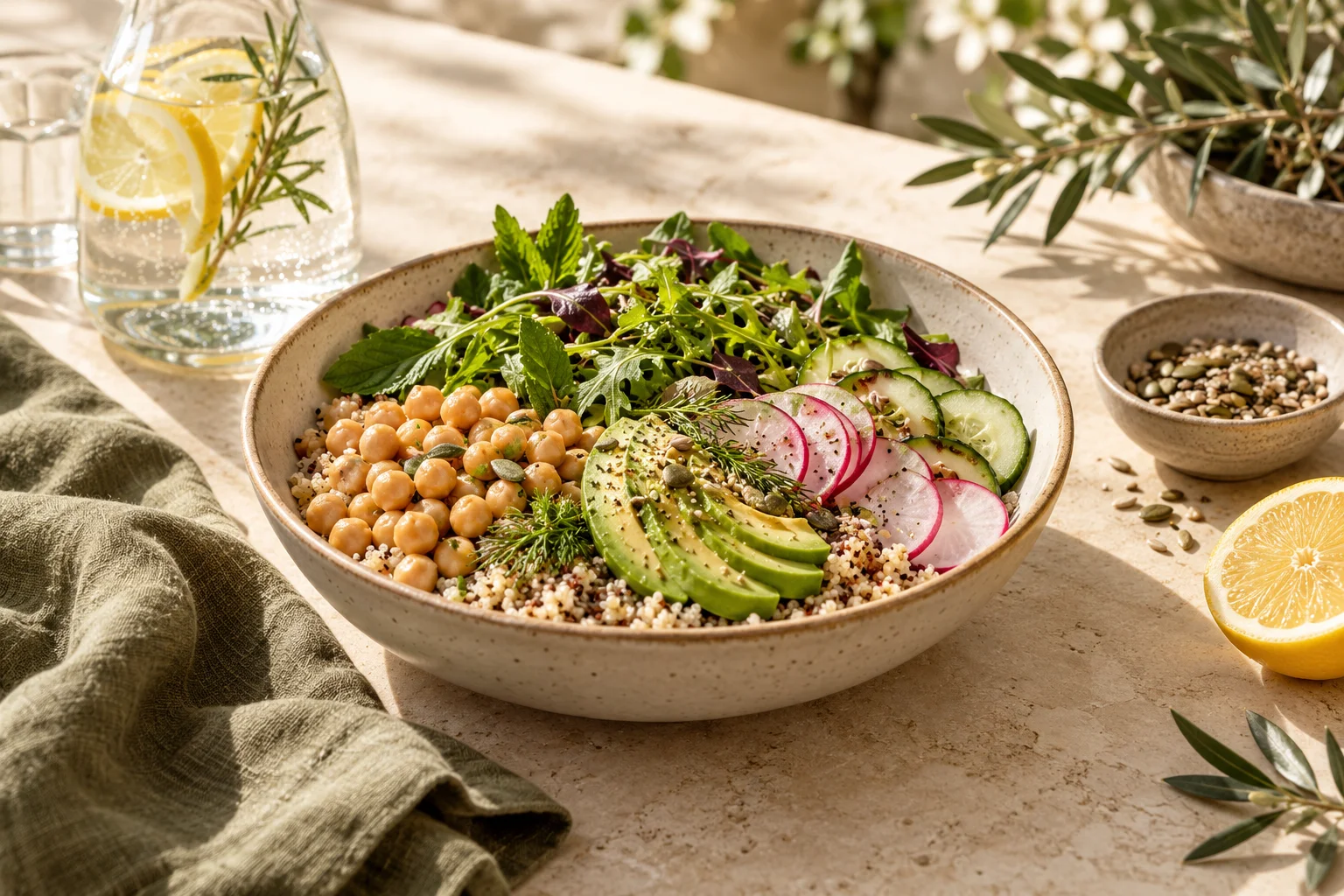 Bol équilibré de quinoa, pois chiches, avocat et légumes frais